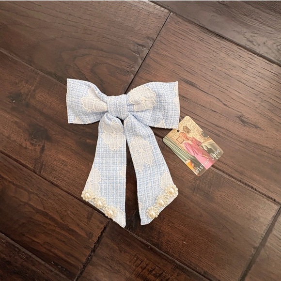 Chic Light Blue Hair Bow with Pearls - Picture 2 of 3
